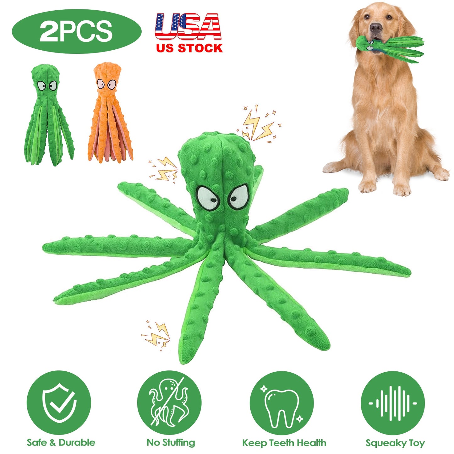 Squeaky Octopus Dog Toy Set - No Stuffing Crinkle Plush