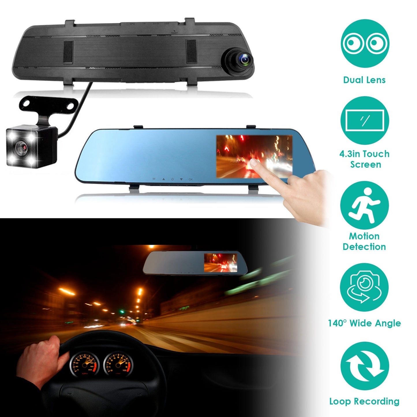 Dual Dash Cam 1080P Front & Rear with 4.3" Touch Screen