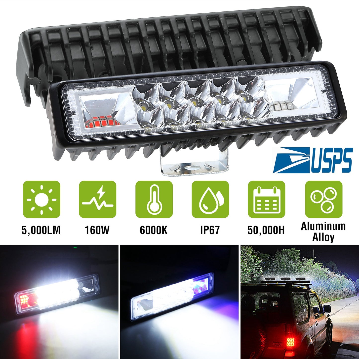 6-Inch LED Light Bar 160W with Red & Blue Warning Lights