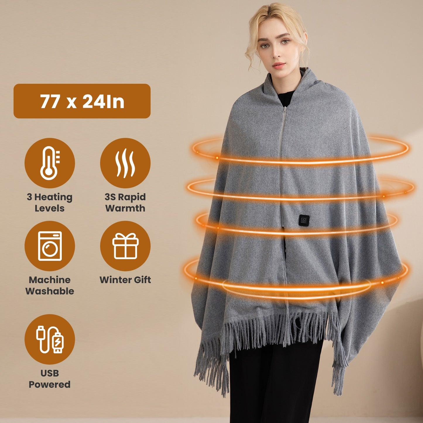 USB Heated Shawl with 3 Heat Levels and Zipper