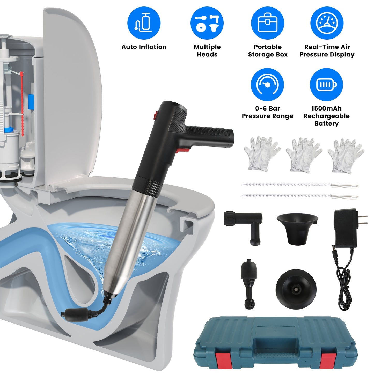 Electric Toilet Plunger with Pressure Display & Multiple Heads