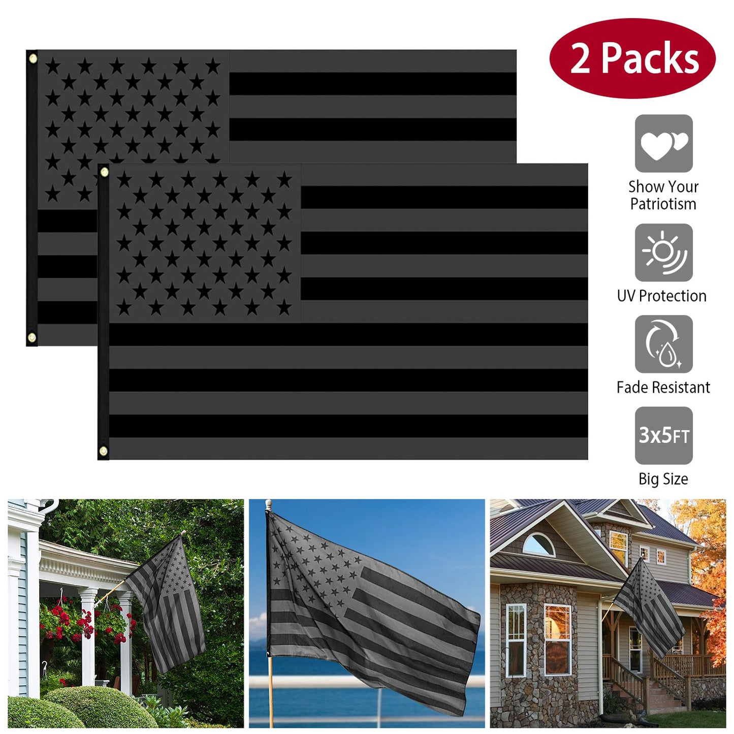 All Black American Flag 3x5 FT with Brass Grommets