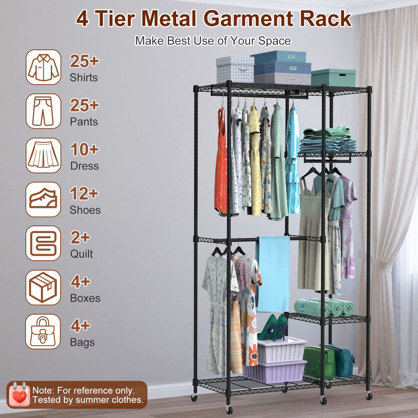 4-Tier Heavy Duty Garment Rack with Wheels - 463 lbs Capacity