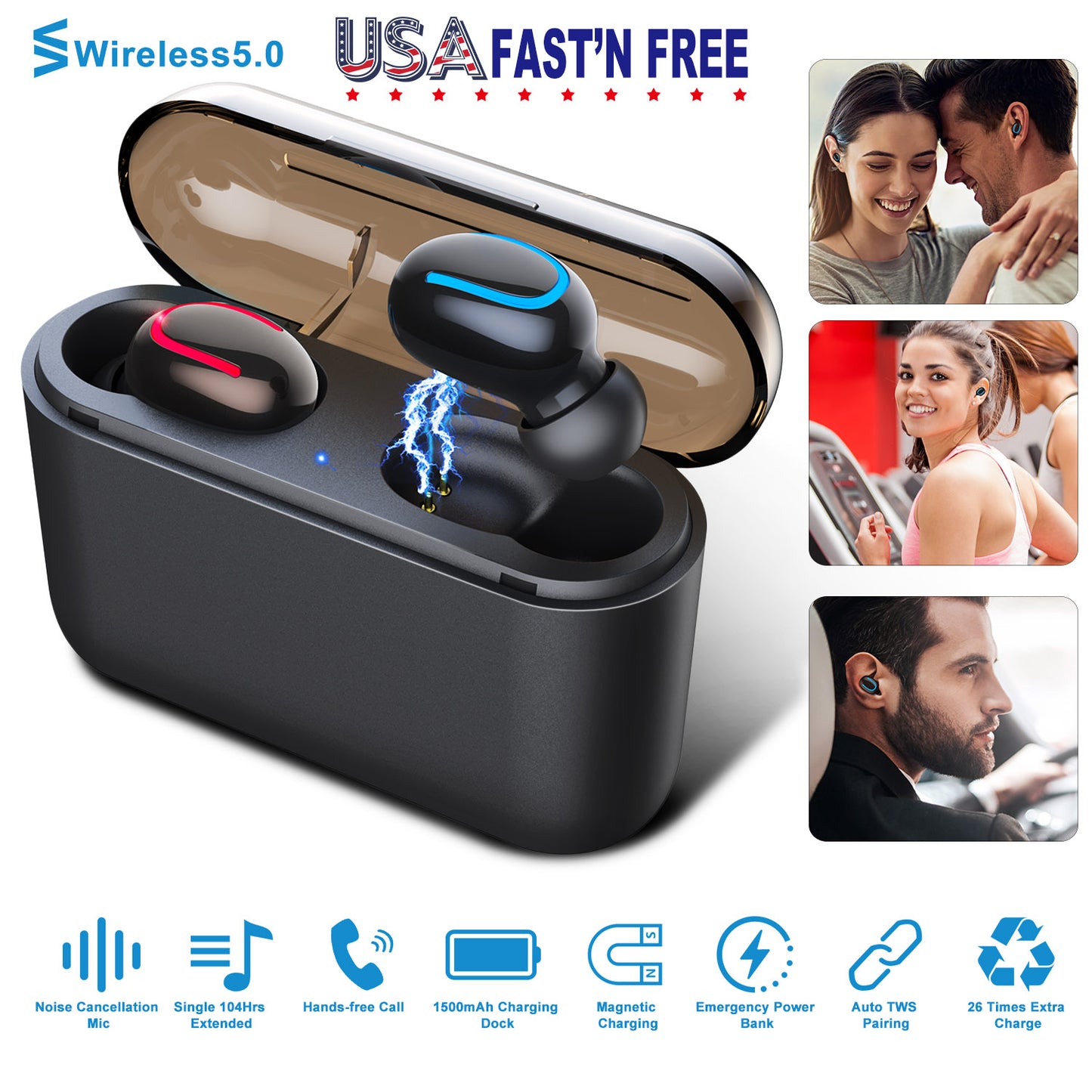 Wireless Earbuds with Magnetic Charging Dock & Noise Canceling