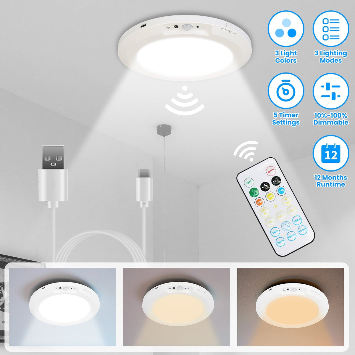 Magnetic Flush Ceiling Light Rechargeable Motion Sensor Ceiling Light Wireless Ceiling Light with Timer Remote Stepless Dimmable for Closet Stairs Gar