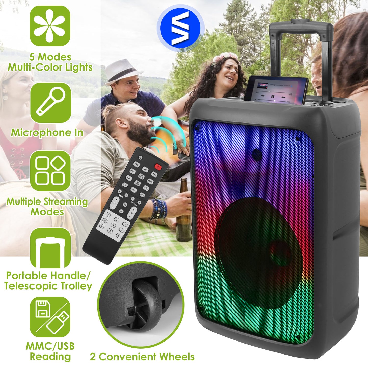 Portable Bluetooth Party Speaker with RGB Lights & Microphone