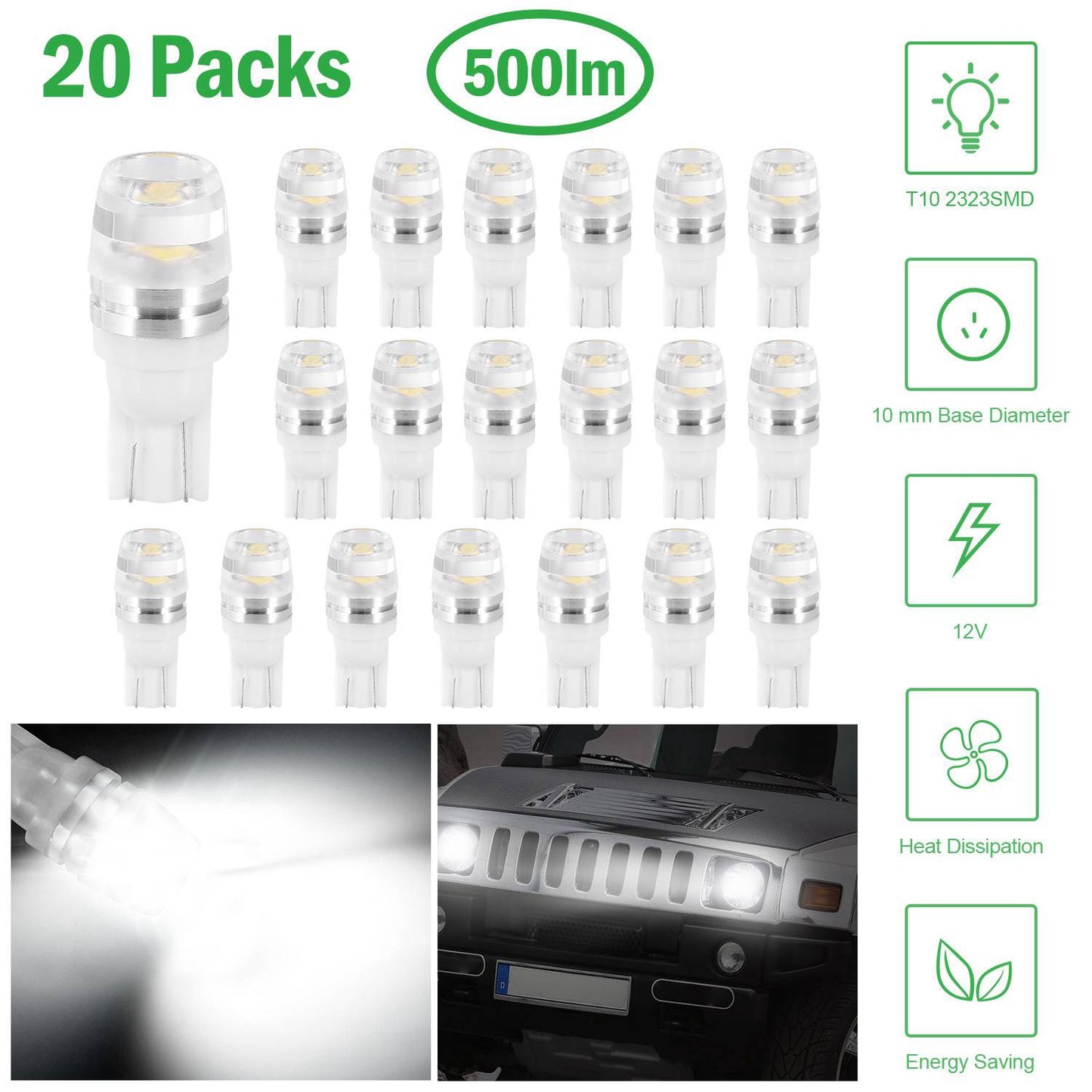 T10 LED Car Light Bulbs 20-Pack 6500K White 500lm Interior