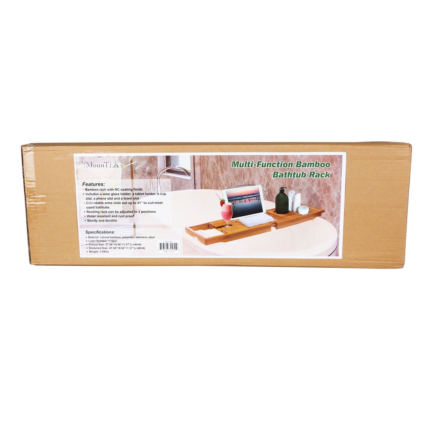 Bamboo Bathtub Caddy Tray with Extendable Arms & Wine Holder