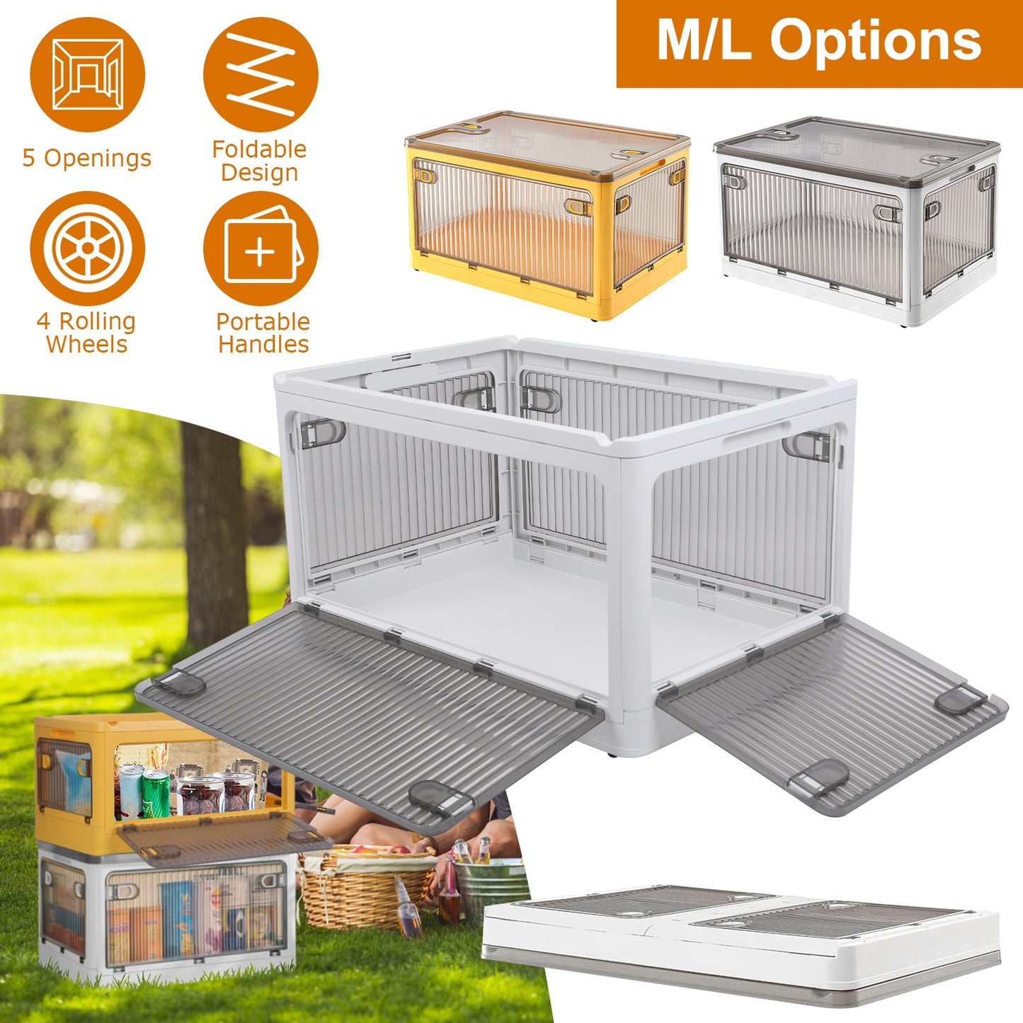 70QT Foldable Storage Bin with Lid and 4 Side Doors