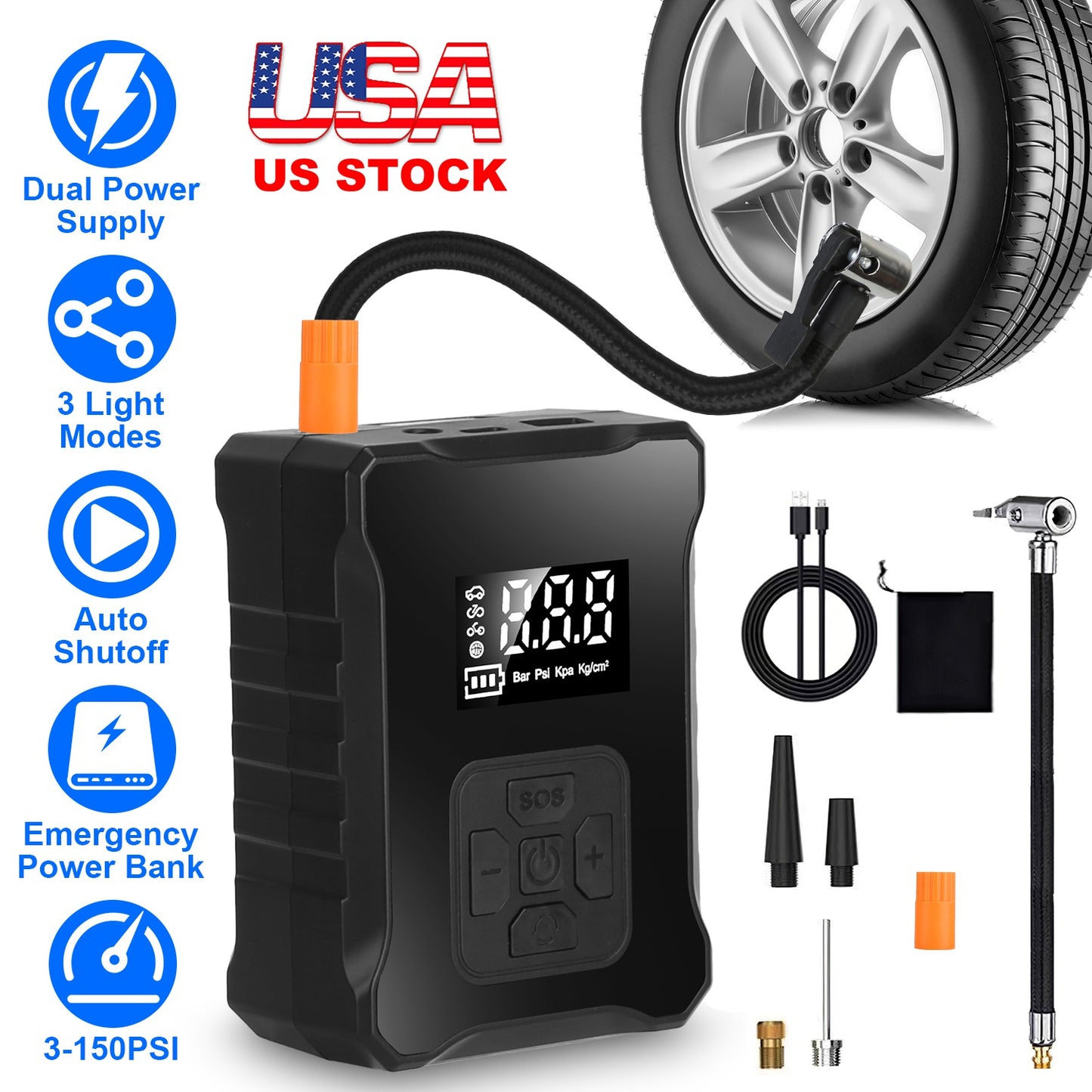 Cordless Tire Inflator 150PSI with LED Light & Power Bank