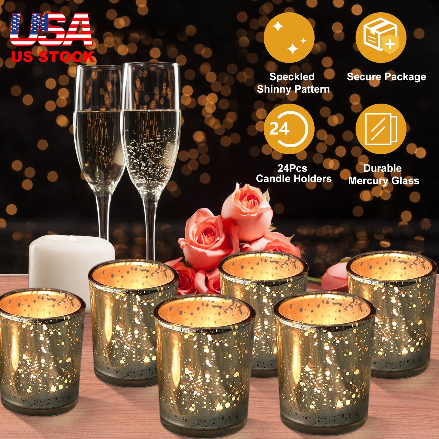 Gold Mercury Glass Votive Candle Holders Set of 24