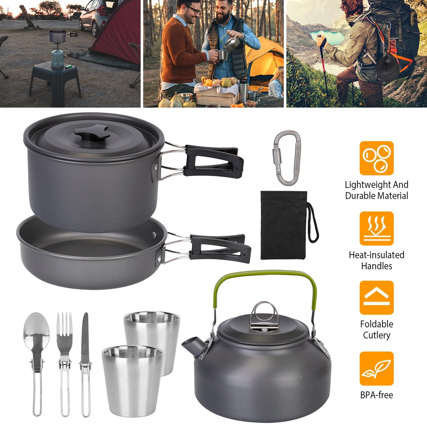 Camping Cookware Set 12-Piece with Pot, Pan & Kettle