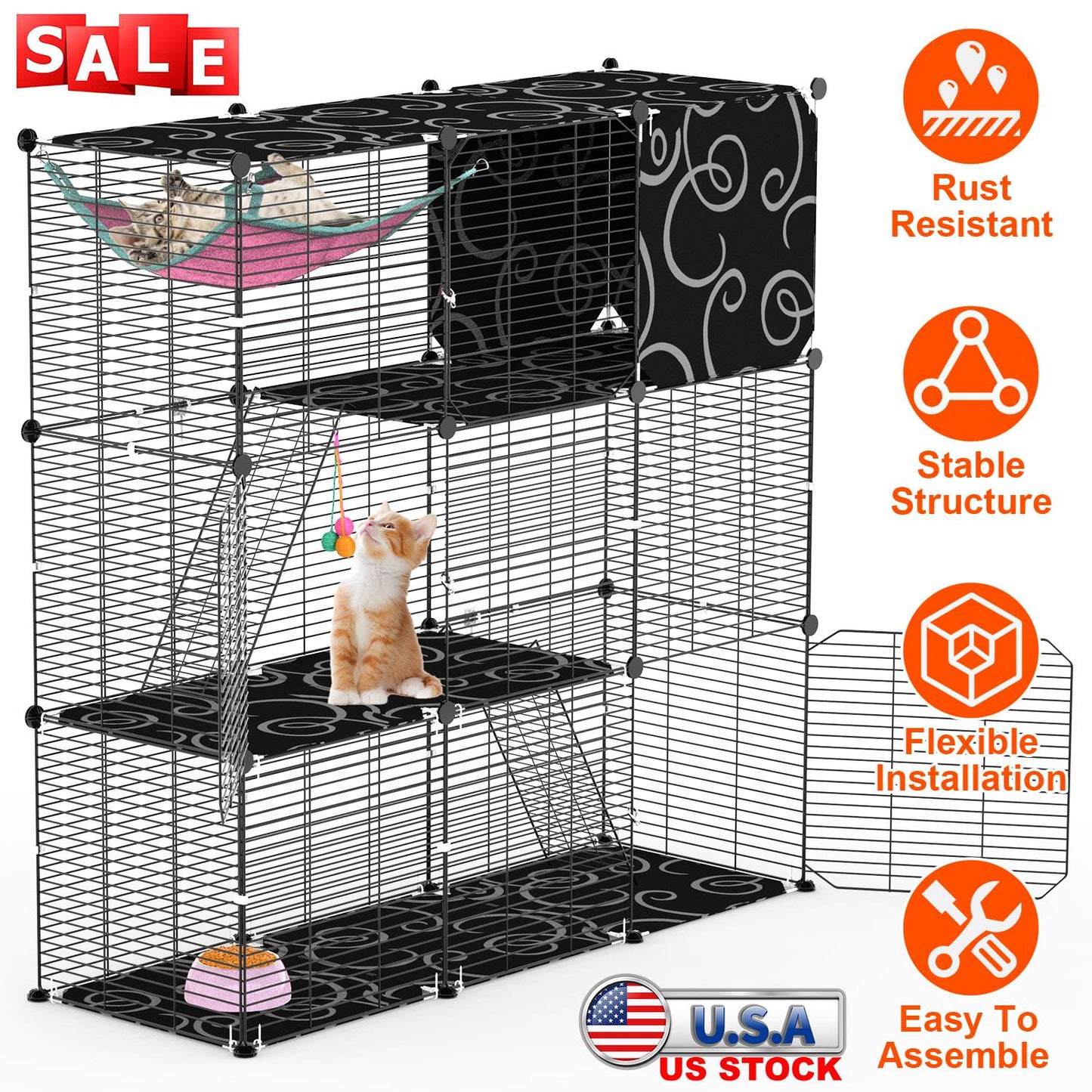 3-Tier Cat Cage Enclosure with Hammock and Ladder