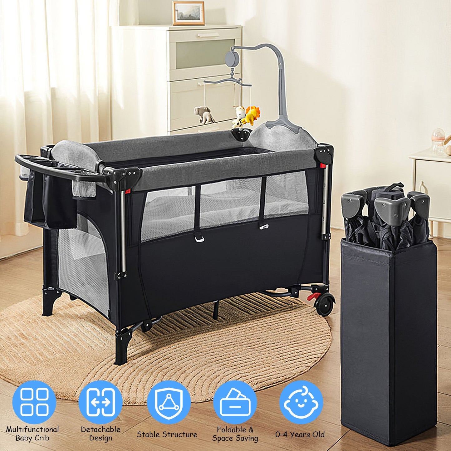 6-in-1 Foldable Baby Crib with Changing Table & Activity Center
