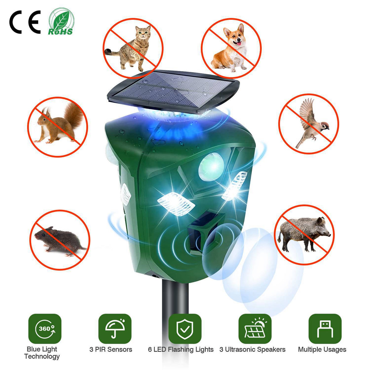 Electric Solar Powered Ultrasonic Animal Repeller 360¡ Ultrasonic Animal Driver with Motion Sensor LED Flashing Lights Waterproof Outdoor Animal Repel
