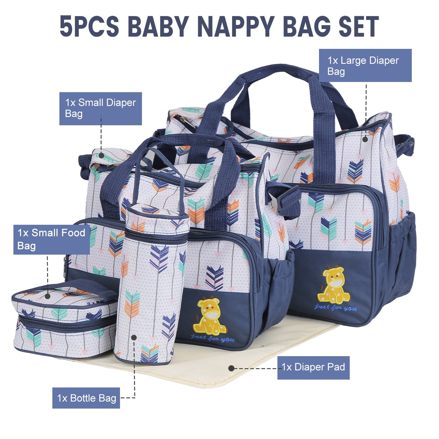 5-Piece Diaper Bag Set with Bottle Bag and Changing Pad