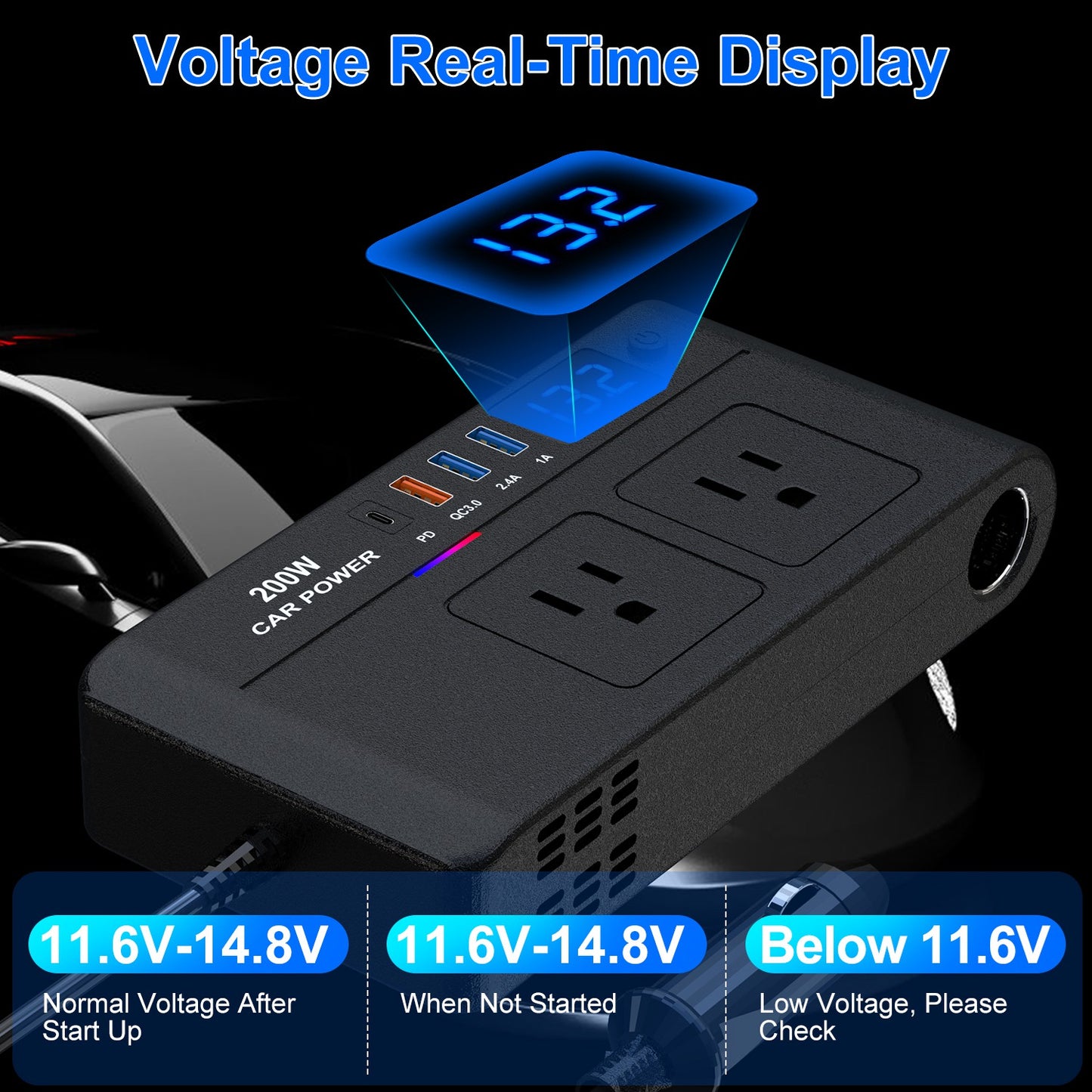 200W Car Power Inverter DC 12V to AC 110V with USB Ports