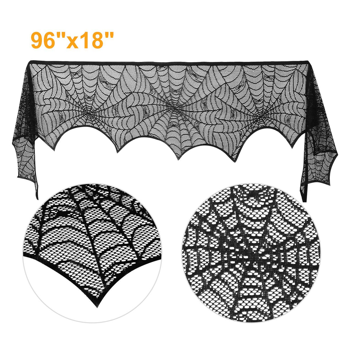 Spiderweb Mantle Scarf – 96x18" Black Lace Fireplace Cover for Halloween Decor