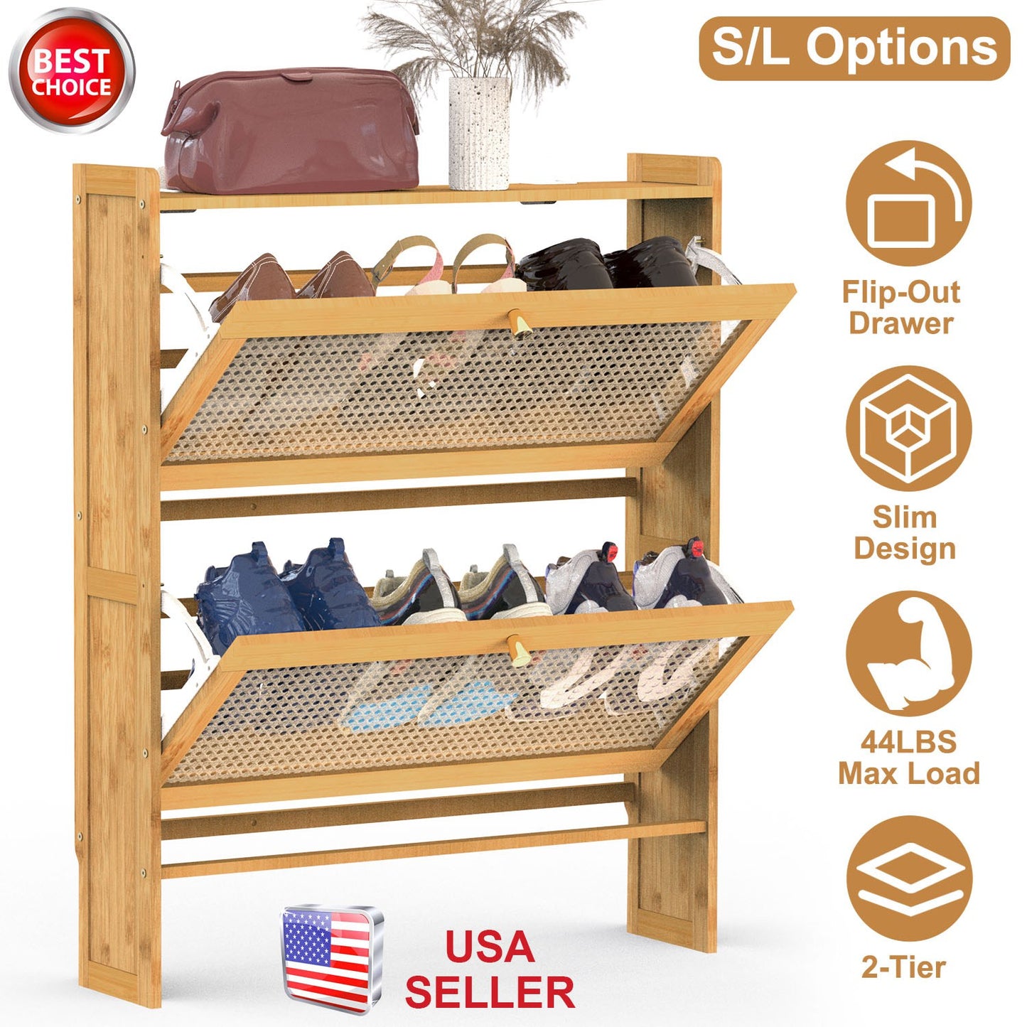 2-Tier Bamboo Shoe Cabinet with Flip Drawers for Entryway