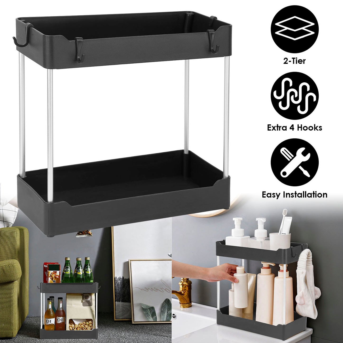 2-Tier Under Sink Organizer with 4 Hooks