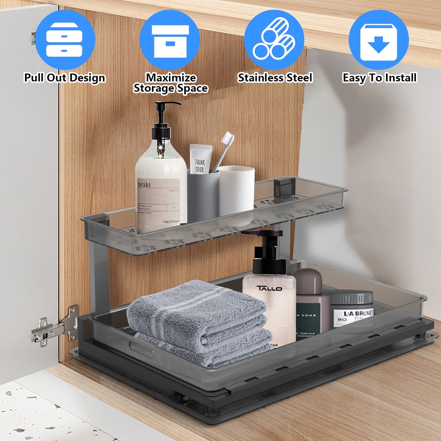 2-Tier Pull Out Under Sink Organizer with Sliding Drawer