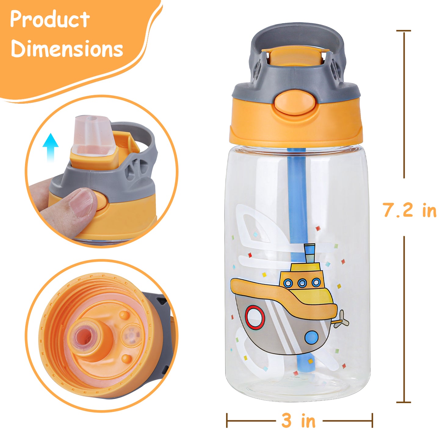 Kids Water Bottle with Straw 16.2oz Leak-Proof Push Button
