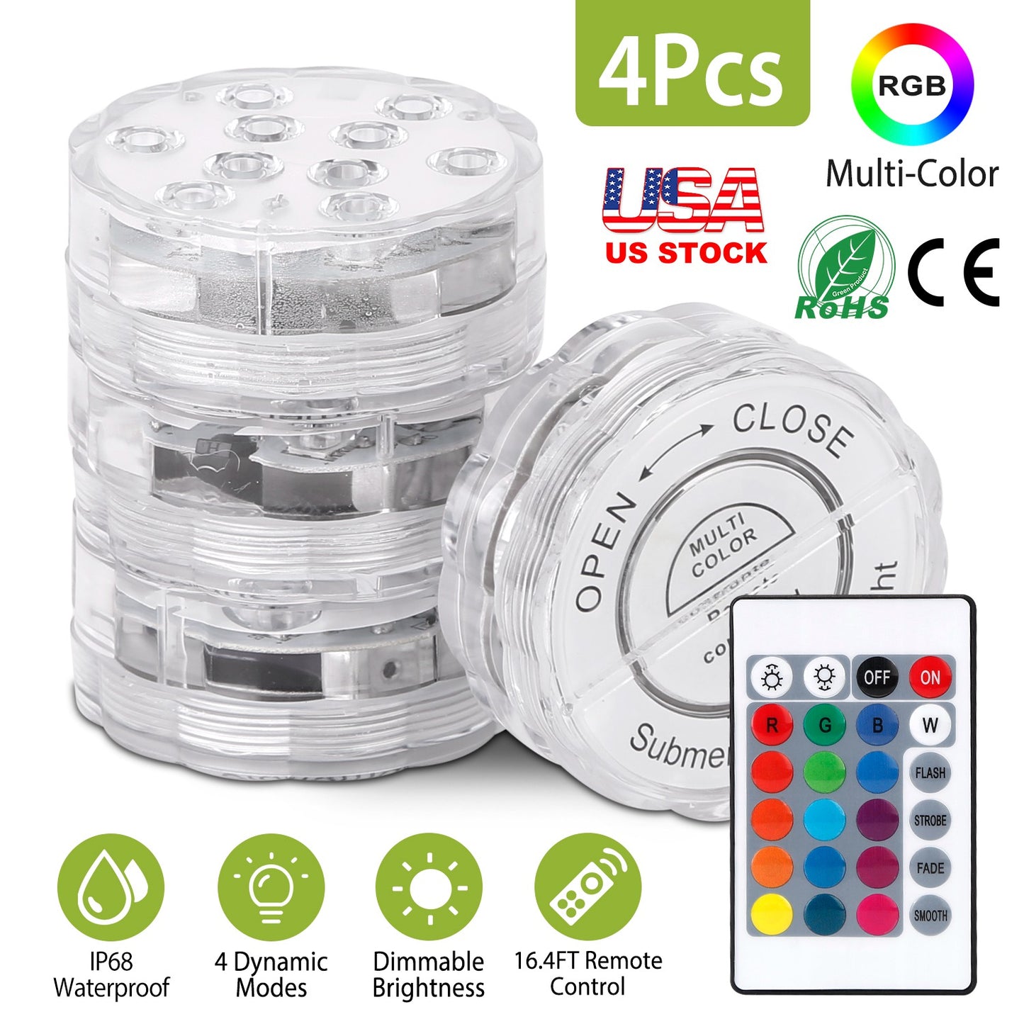 Submersible RGB LED Lights with Remote - 4 Pack Waterproof