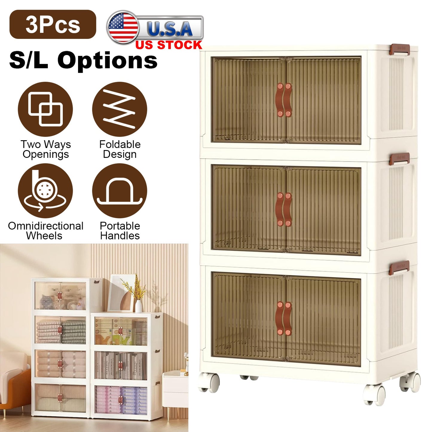 Foldable Storage Bins with Lids & Wheels - 3 Pack Stackable