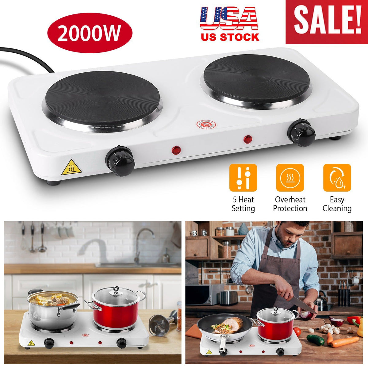 2000W Double Electric Burner Portable Dual Counter Stove Countertop Hot Plate Kitchen Cooker Stove with 5 Gear Temperature Control