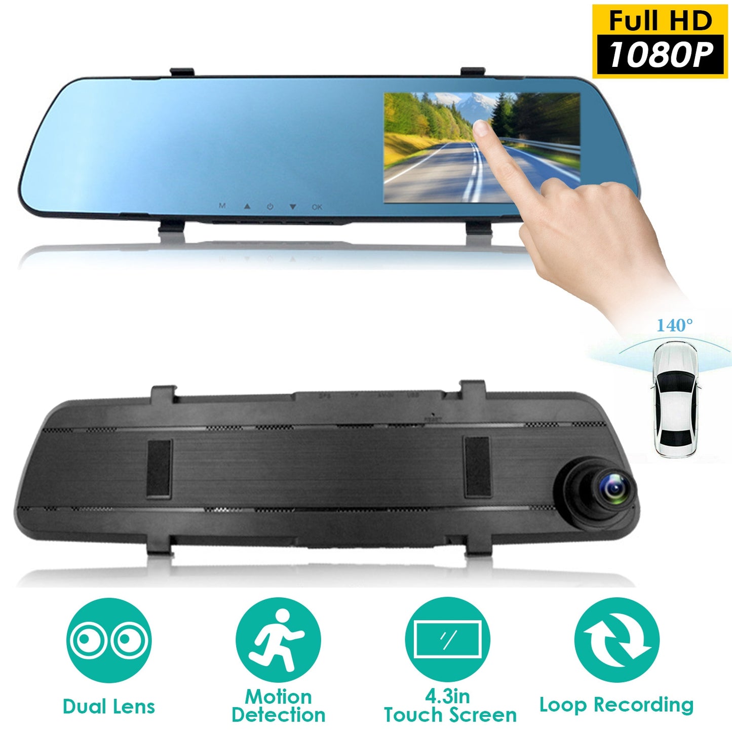 Dual Dash Cam 1080P Front & Rear with 4.3" Touch Screen