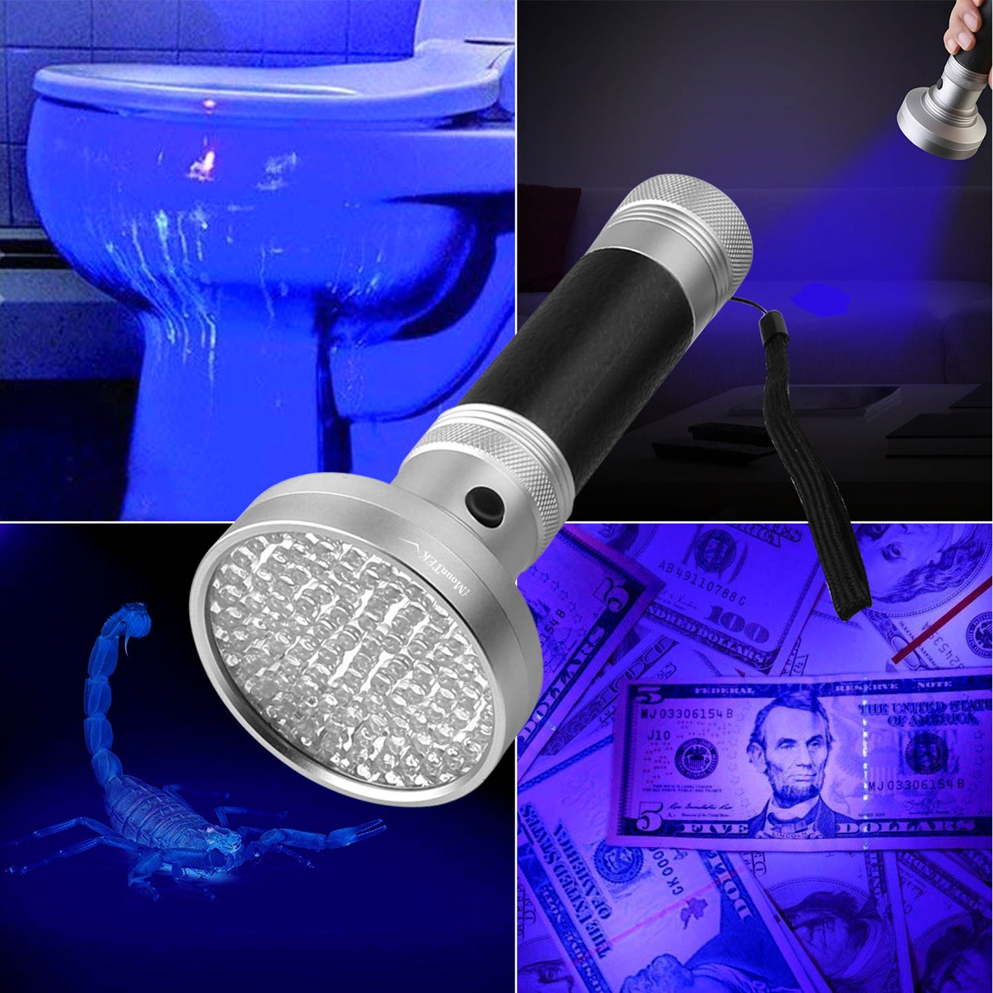 100-LED UV Blacklight Flashlight for Stain & Leak Detection