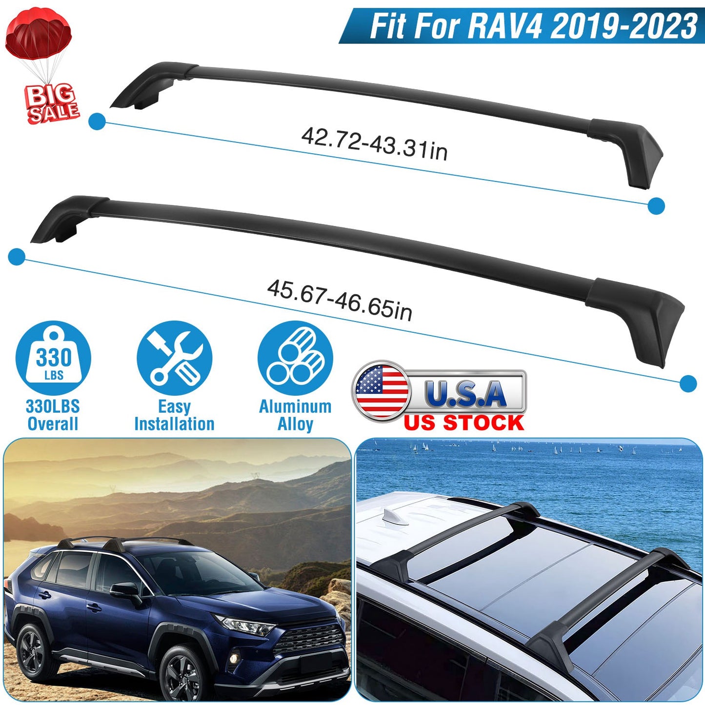 Roof Rack Cross Bars for Toyota RAV4 2019-2024 - 330 lbs Capacity