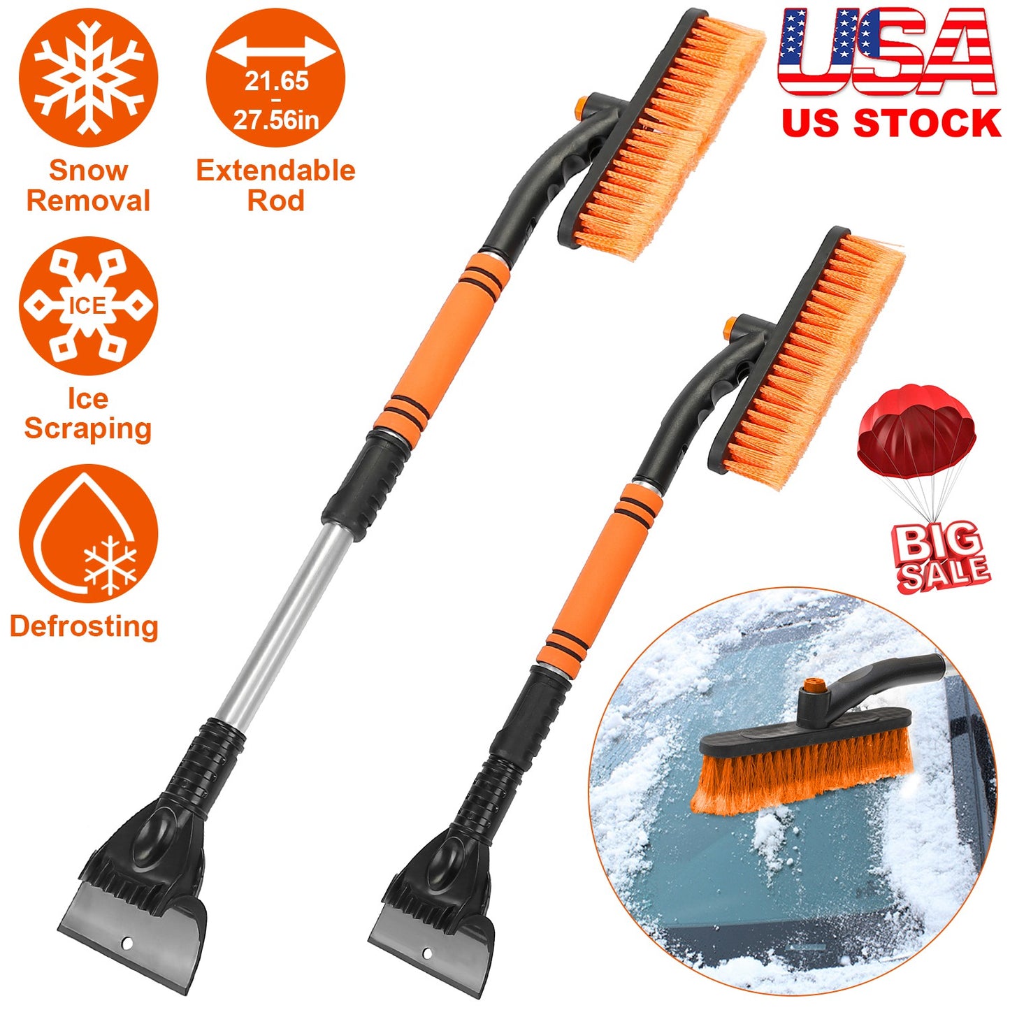 Extendable Snow Brush and Ice Scraper with Pivoting Head