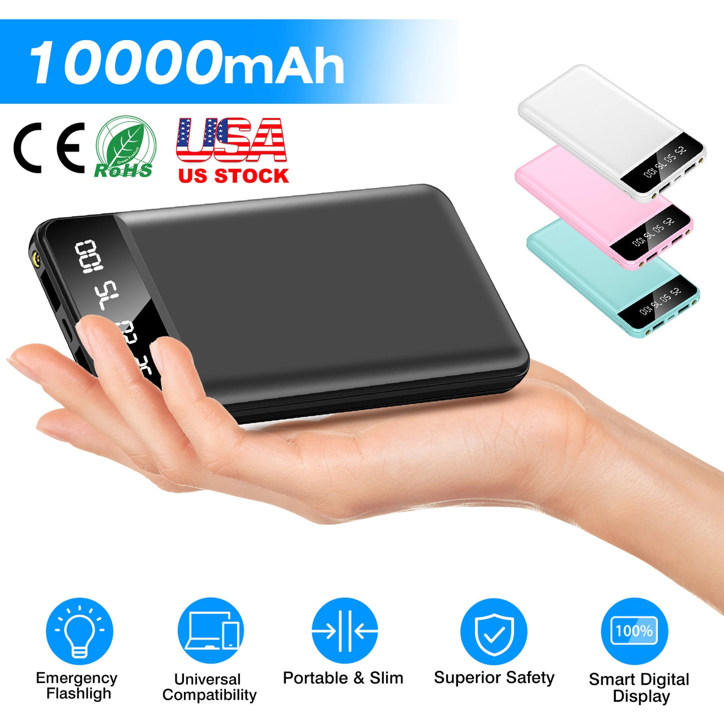 10000mAh Portable Power Bank with Digital Display & Flashlight