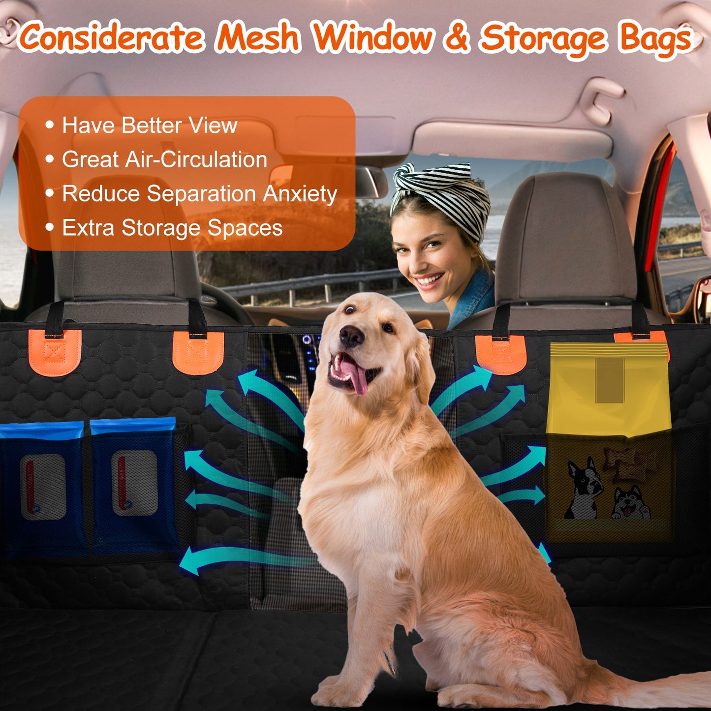 Dog Car Back Seat Cover with Mesh Window & Storage Bags