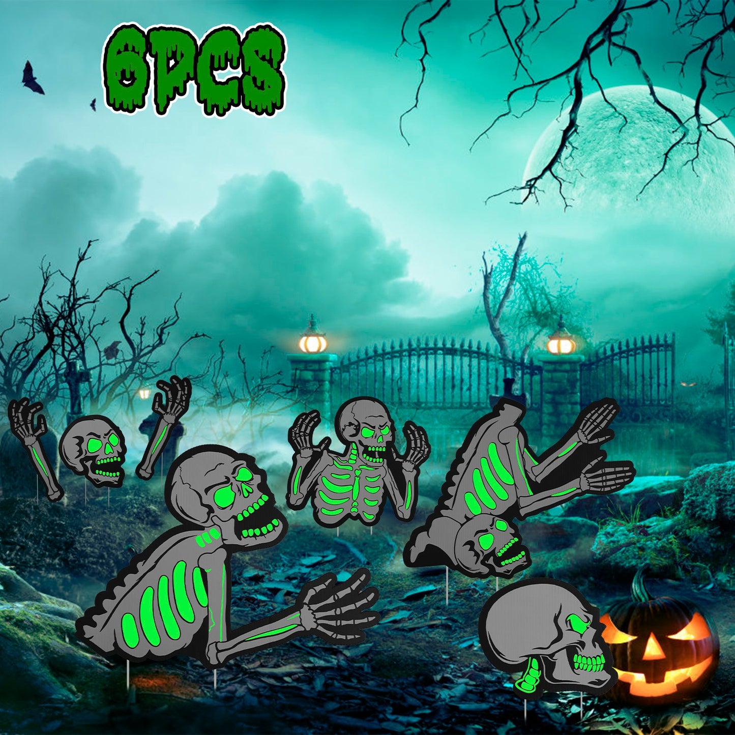 Glow in the Dark Skeleton Yard Signs 6-Piece Halloween Set