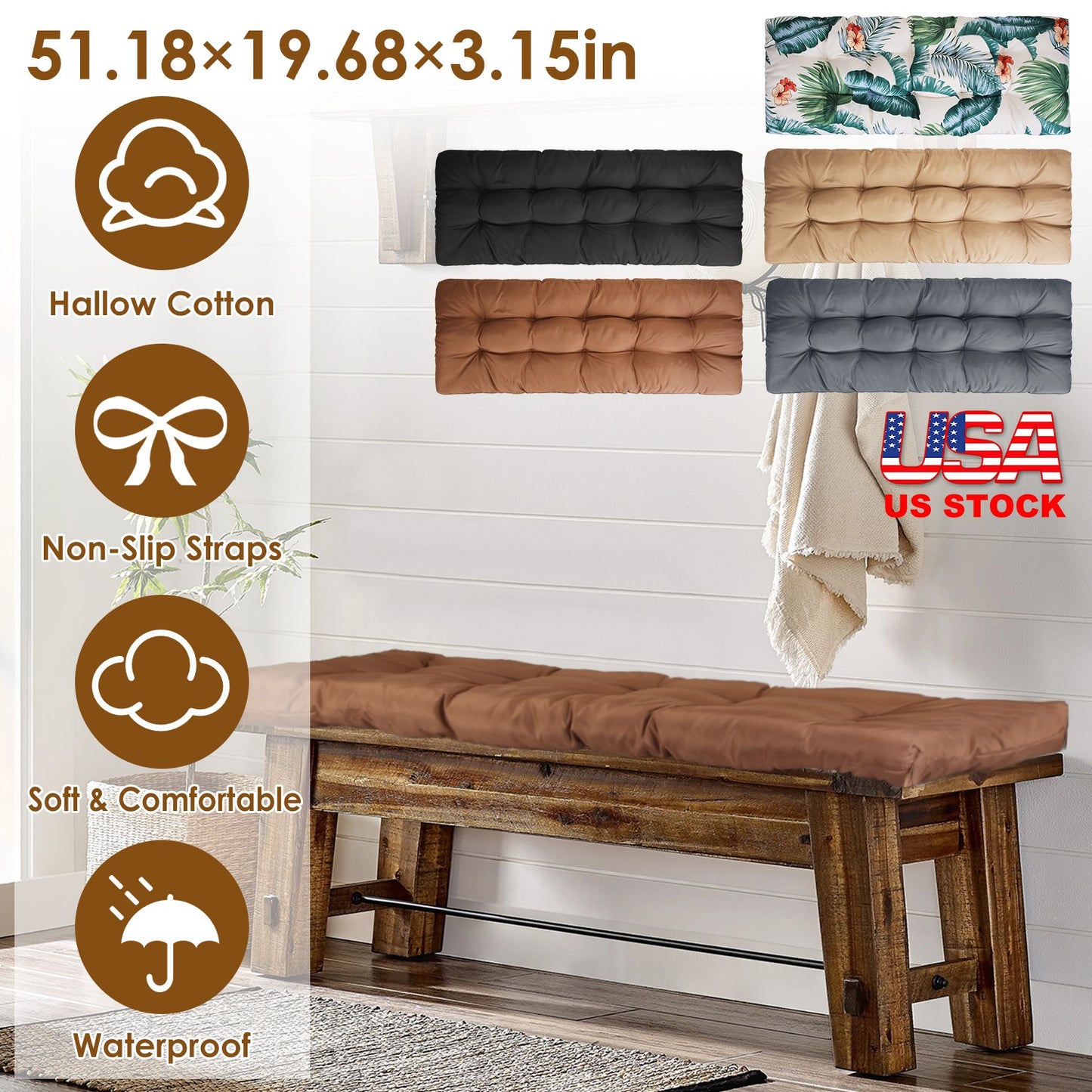 Bench Seat Cushion 51x20in Waterproof with Ties for Outdoor