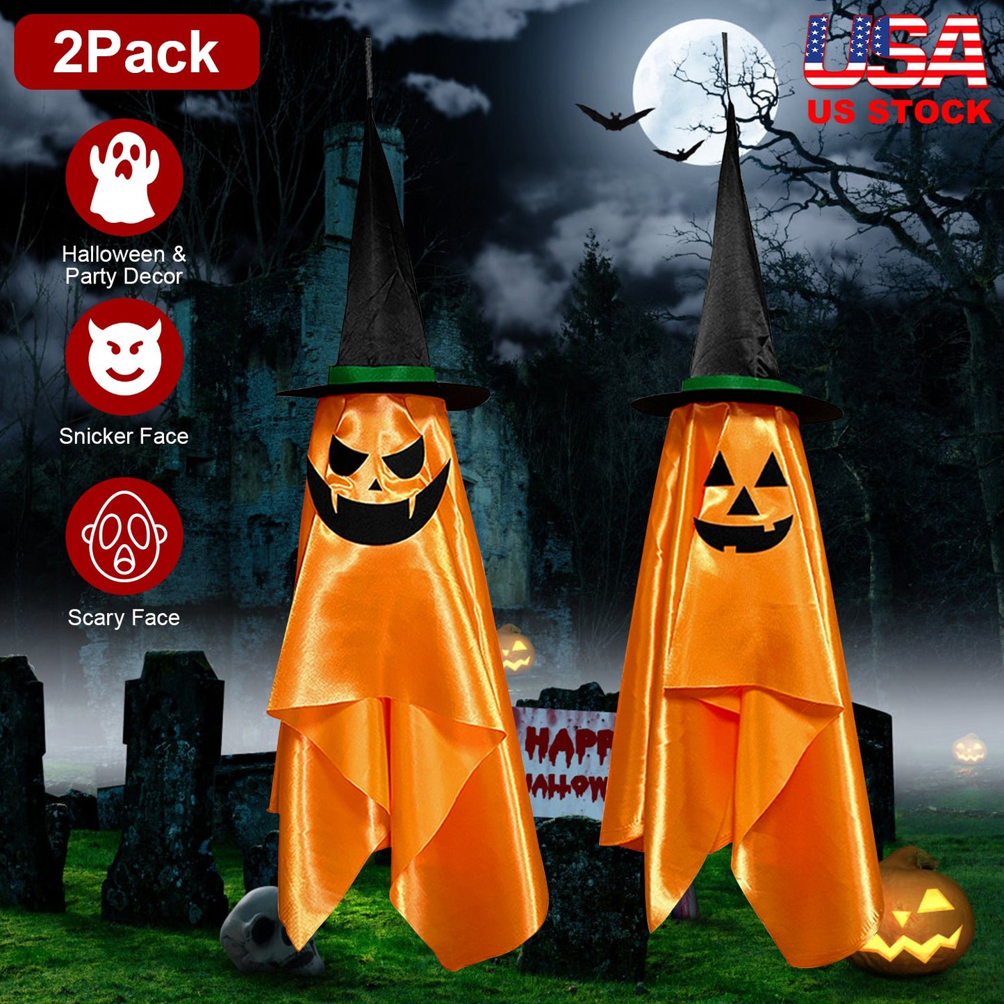 Hanging Pumpkin Wizard Hat Ghosts - 2 Pack Halloween Decoration