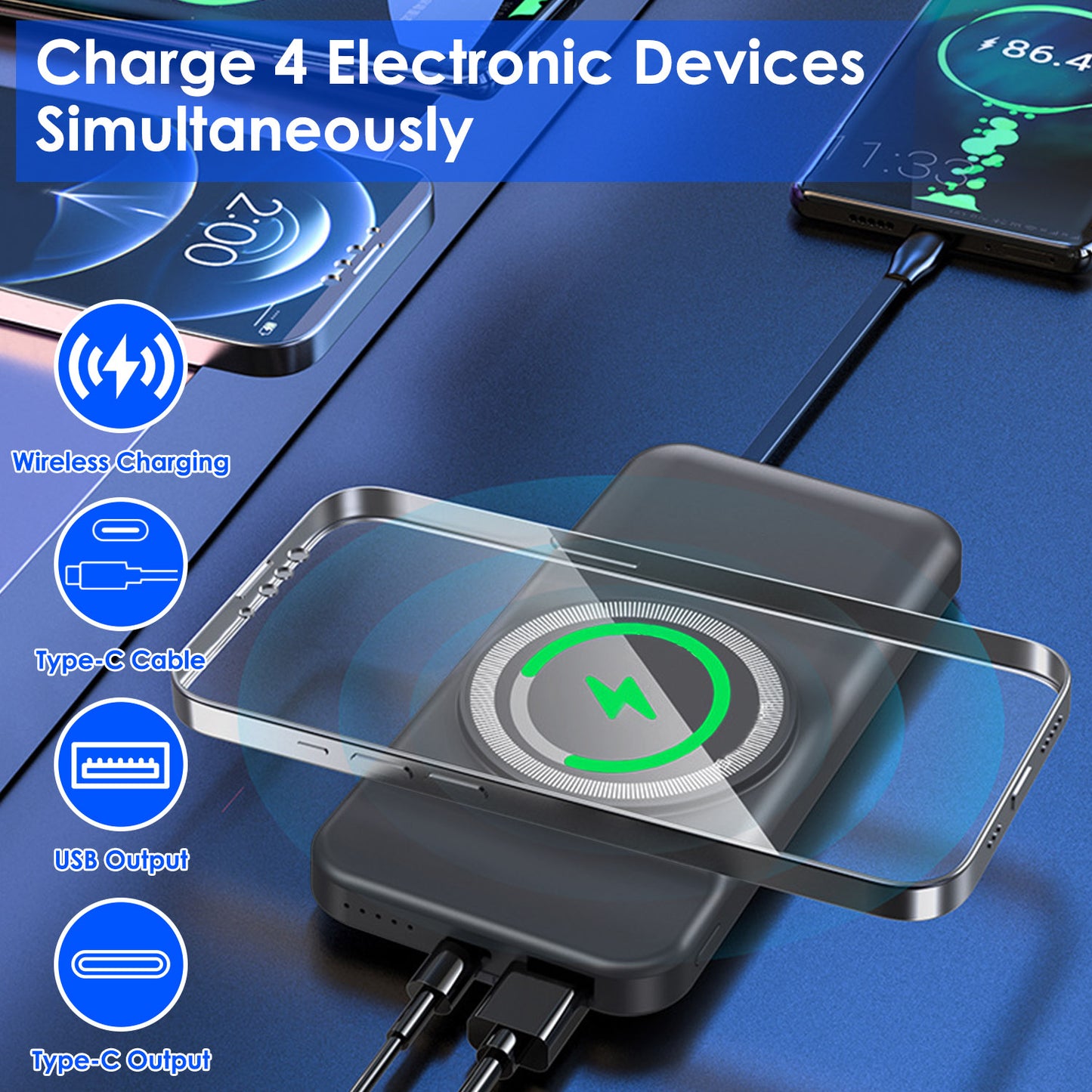 10000mAh Magnetic Wireless Power Bank with Built-In Cable