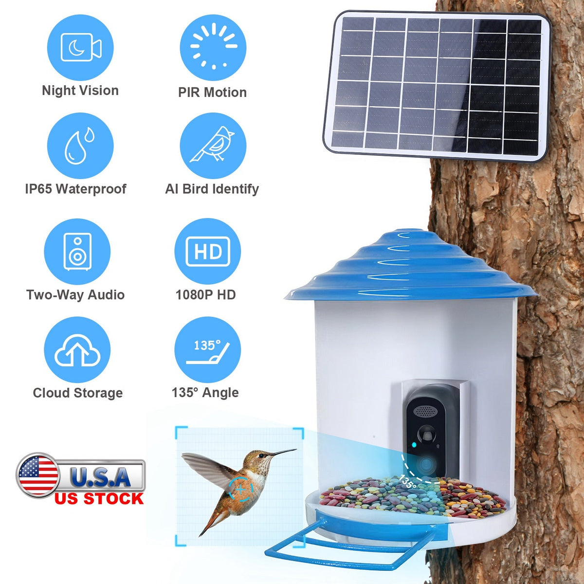 Smart Bird Feeder with Solar Powered Camera 1080P HD AI Identify PIR Motion Auto Capture Video Cloud Card Storage WiFi Connection App Control IP65 Wat