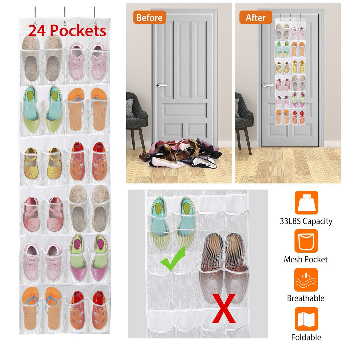 Over the Door Shoes Rack 24-Pocket Crystal Clear Organizer 6-Layer Hanging Storage Shelf for Shoes Slippers Small Toys Closet Cabinet