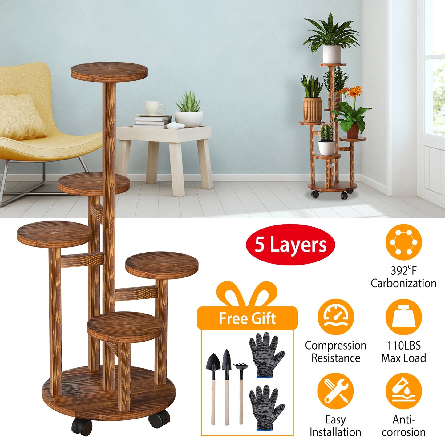 5 Tier Rolling Plant Stand with Wheels for Indoor Outdoor Use