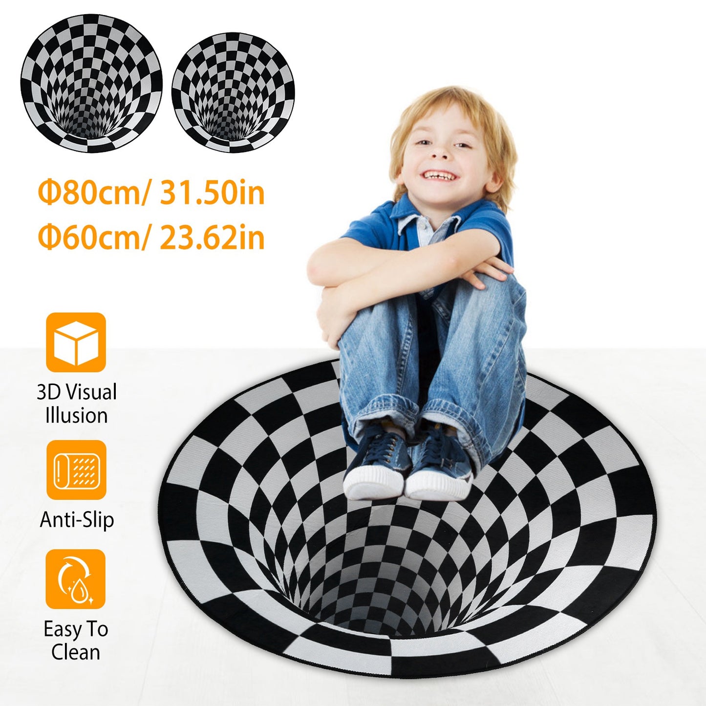 3D Illusion Round Area Rug - Black & White Checkered Design