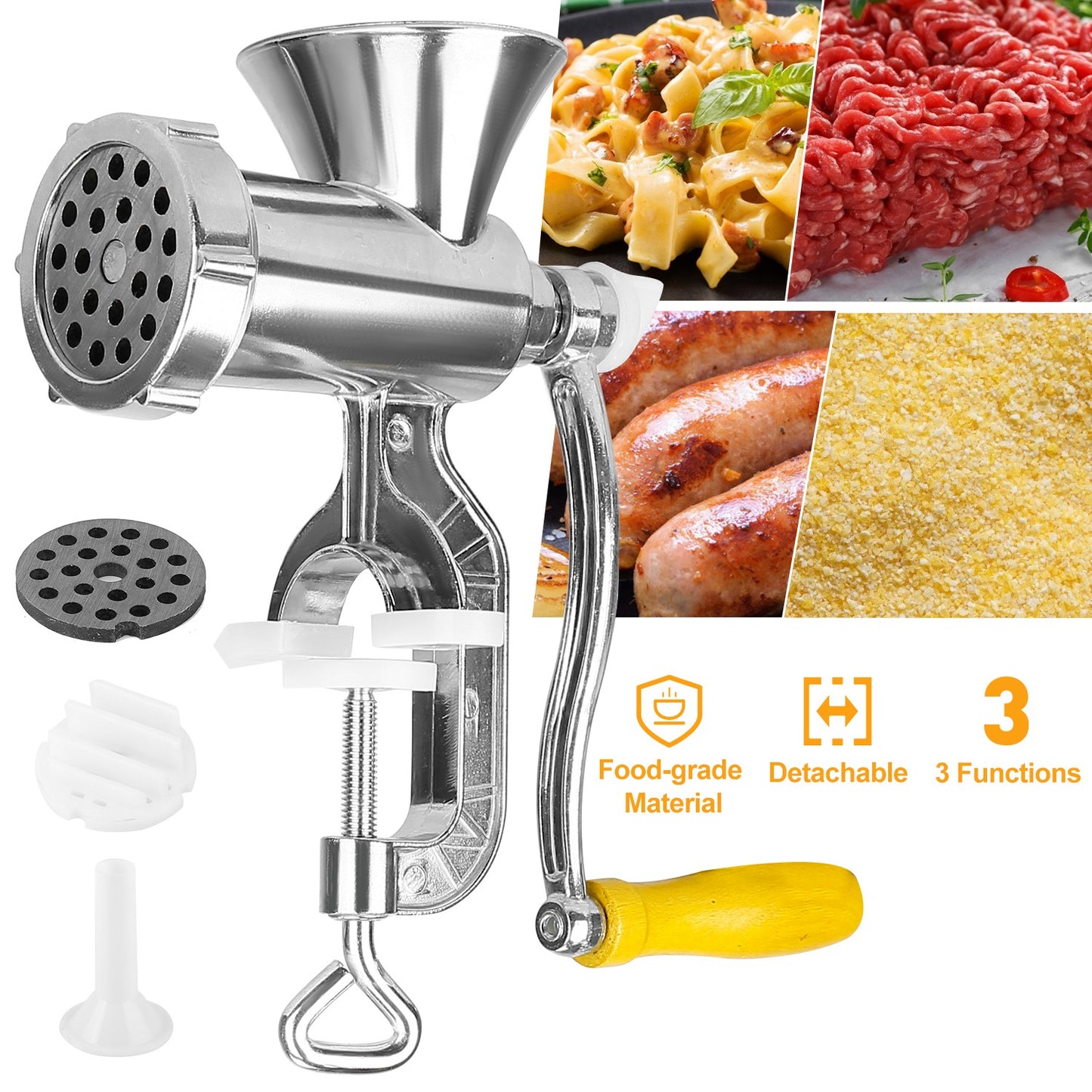Manual Meat Grinder with Sausage & Noodle Attachments