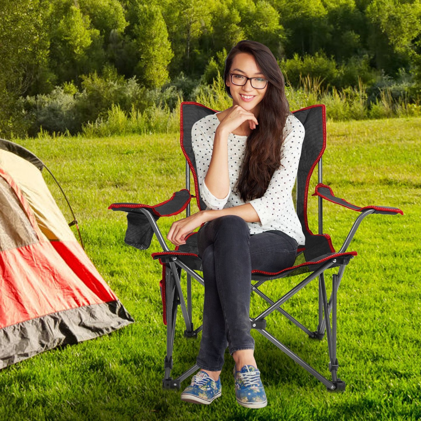 Foldable Camping Chair with Reclining Backrest - 330 LBS Capacity