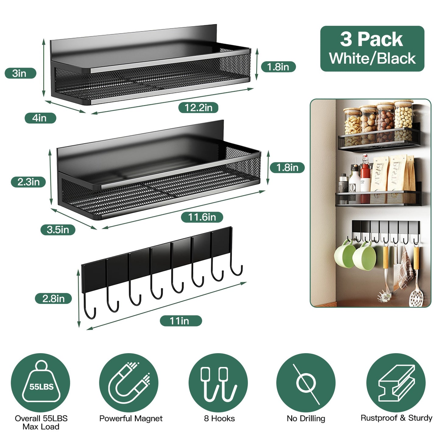 Magnetic Spice Rack 3-Pack with Hooks for Fridge Storage