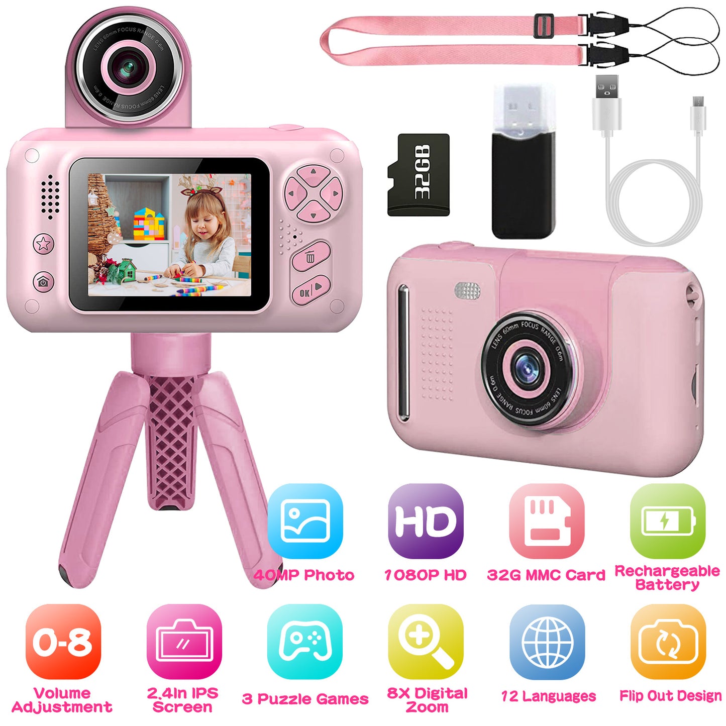 Kids Digital Camera with Flip Lens & 2.4" Screen