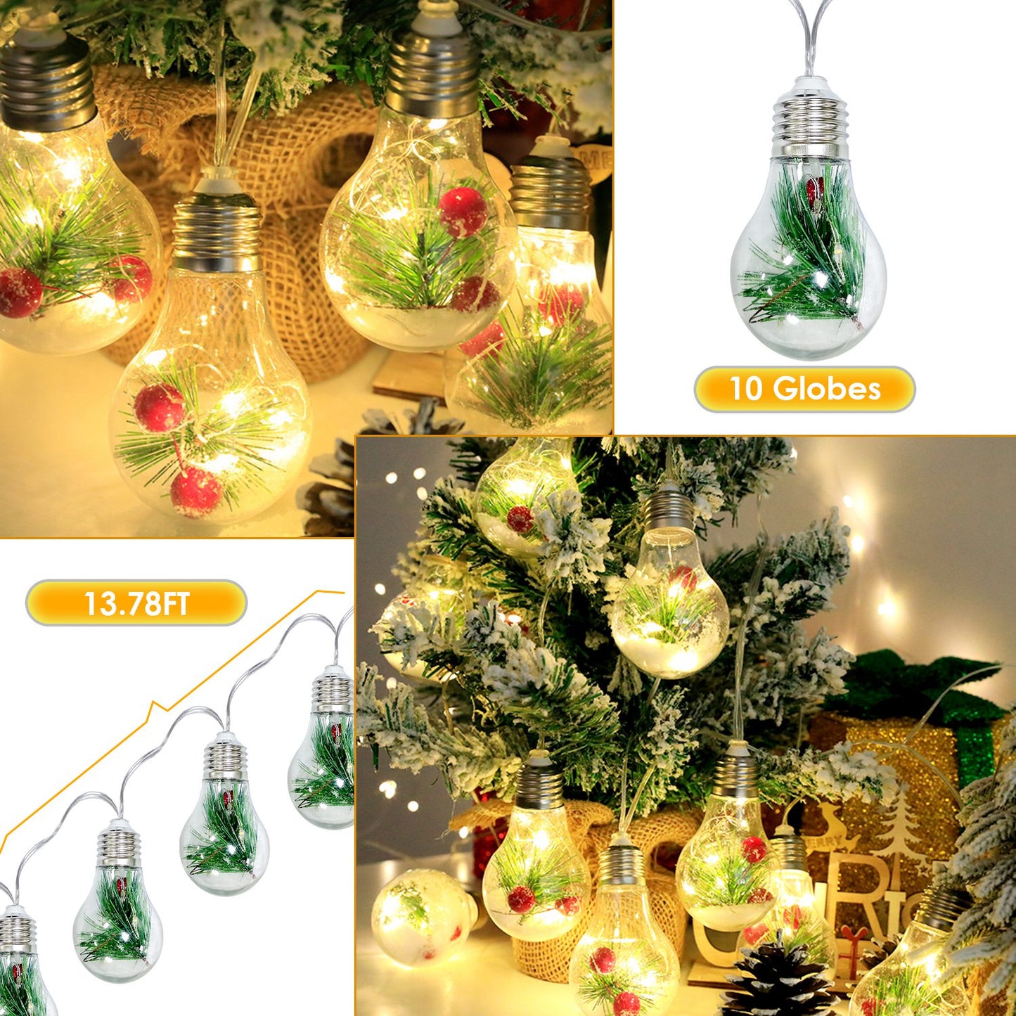 Snow Globe String Lights 10 LED Battery Powered Christmas Decor