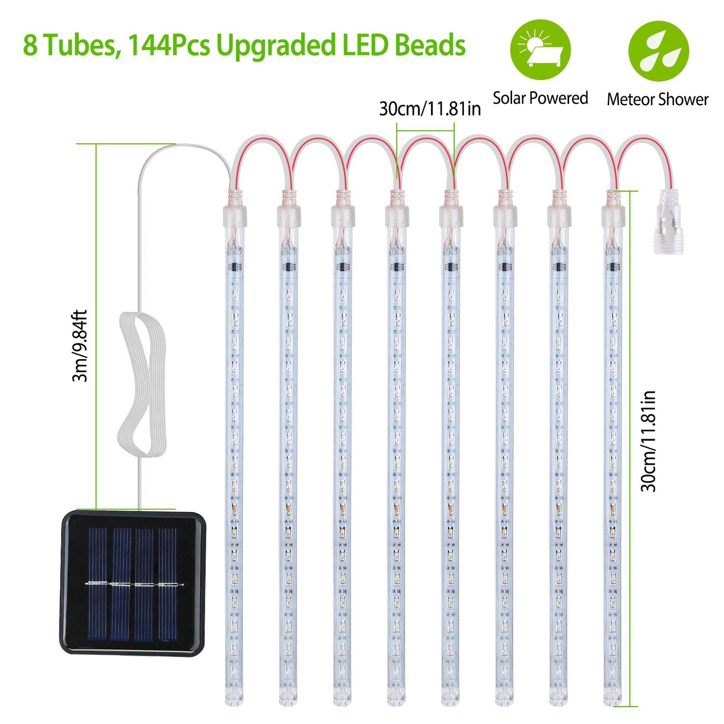 Solar Meteor Shower String Lights 8 Tubes 144 LED Waterproof