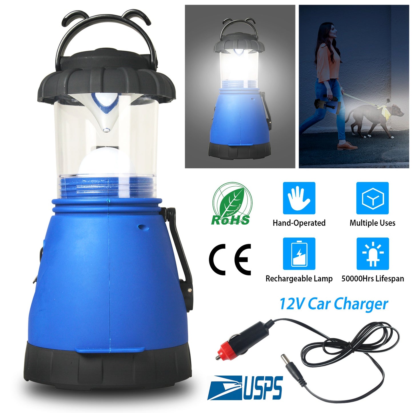 Hand Crank Camping Lantern with Spotlight & Car Charger